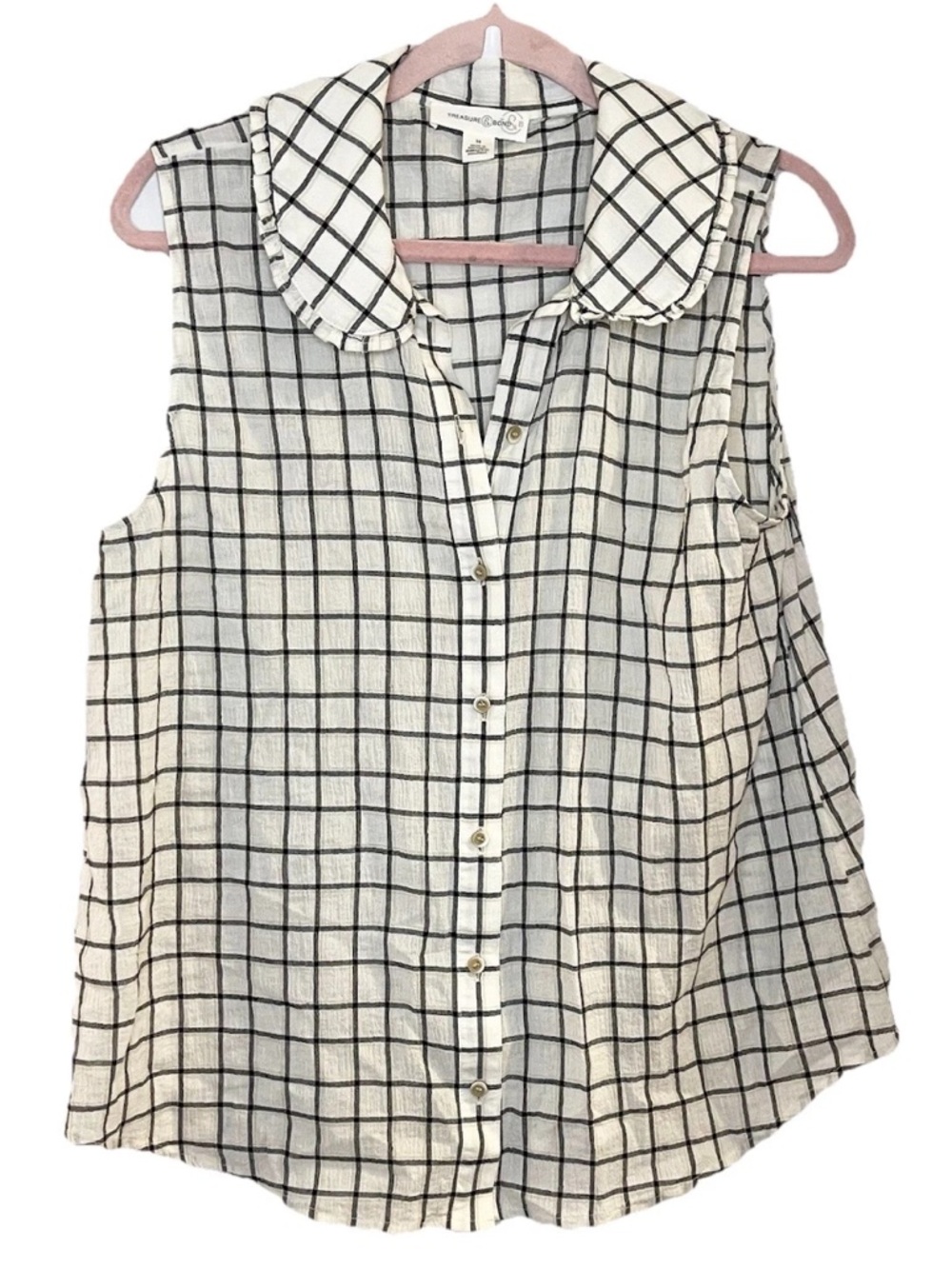 Treasure & Bond Ivory Checkered Button-up Sleeveless Blouse Peter Pan Collar M